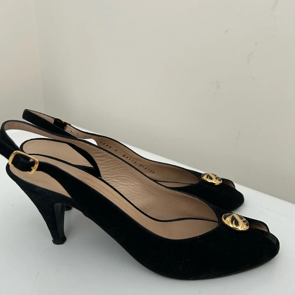 Bruno Magli Suede Peep Toe Slingback Heels Black Size 8 AAAA Extra Narrow